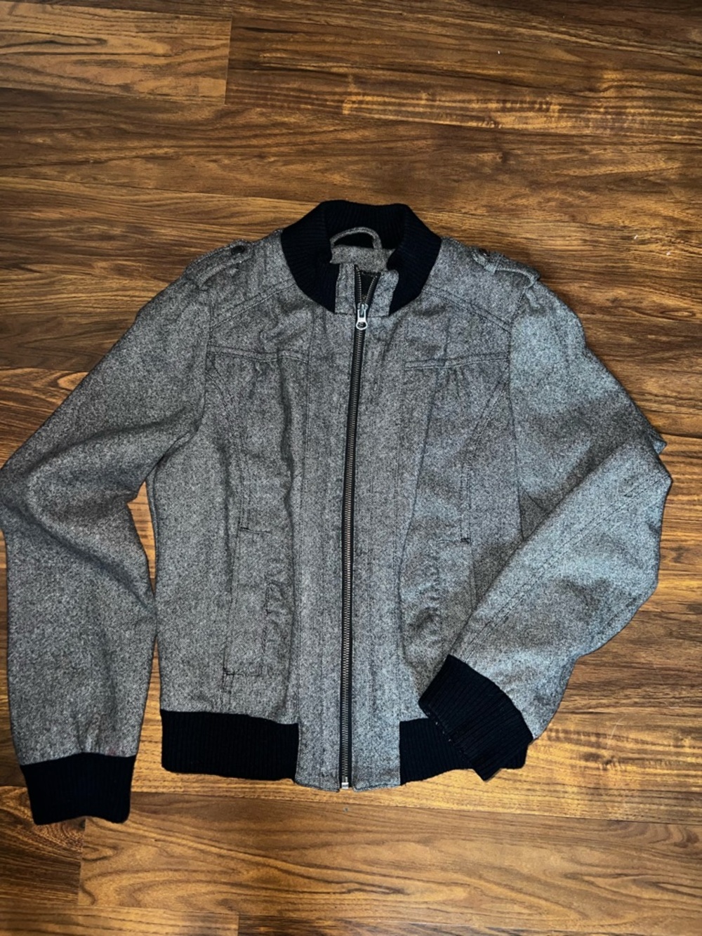 Women’s Gray Bomber Jacket with Black Trim